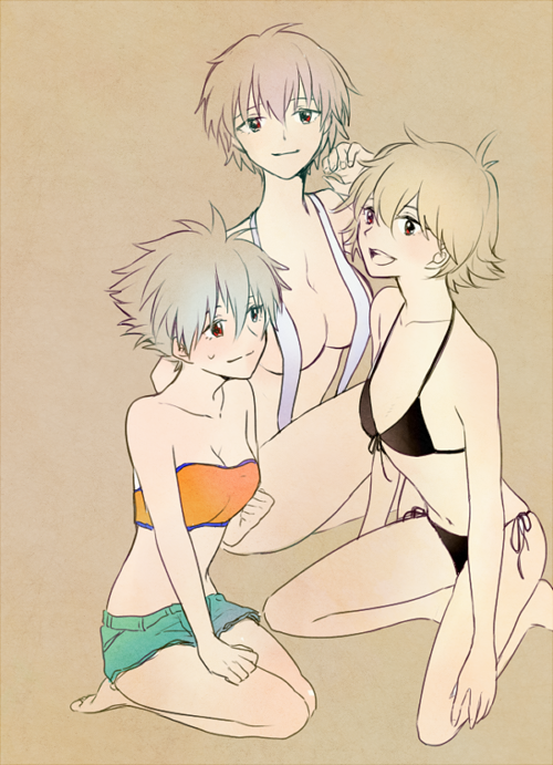 3girls, ahoge, bad_id, bad_pixiv_id, bare_shoulders, barefoot, bikini, blush