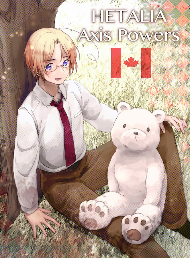 1boy, ahoge, axis_powers_hetalia, bear, blonde_hair, blush, canada_(hetalia), kumajirou_(hetalia)