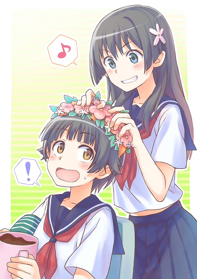armband, black_hair, blue_eyes, brown_eyes, cup, flower, hair_flower, hair_ornament, head_wreath, long_hair, maruyama_en, mug, saten_ruiko, school_uniform, serafuku, short_hair, toaru_kagaku_no_railgun, toaru_majutsu_no_index, uiharu_kazari