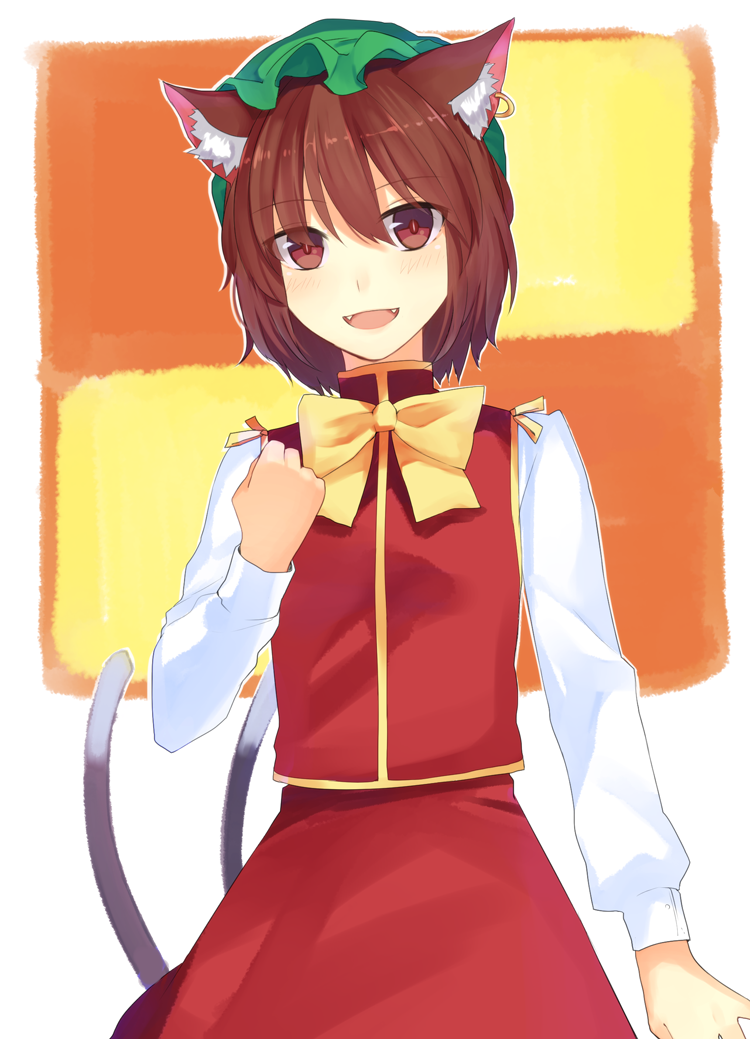 1girl, amazakesakumi1222, animal_ears, bad_id, bad_pixiv_id, bow, brown_hair, cat_ears, cat_girl, cat_tail, chen, earrings, fangs, female_focus, hat, jewelry, multiple_tails, red_eyes, short_hair, skirt, smile, solo, tail, touhou