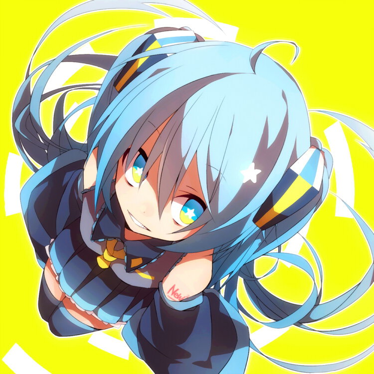 aka_tonbo_(lililil), aqua_eyes, aqua_hair, grin, hatsune_miku, long_hair, long_sleeves, necktie