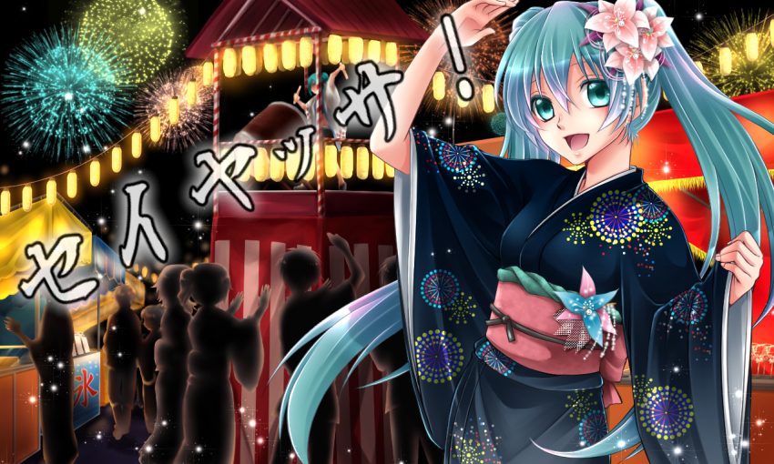 aqua_eyes, aqua_hair, copyright_name, fireworks, flower, hair_flower, hair_ornament, hatsune_miku