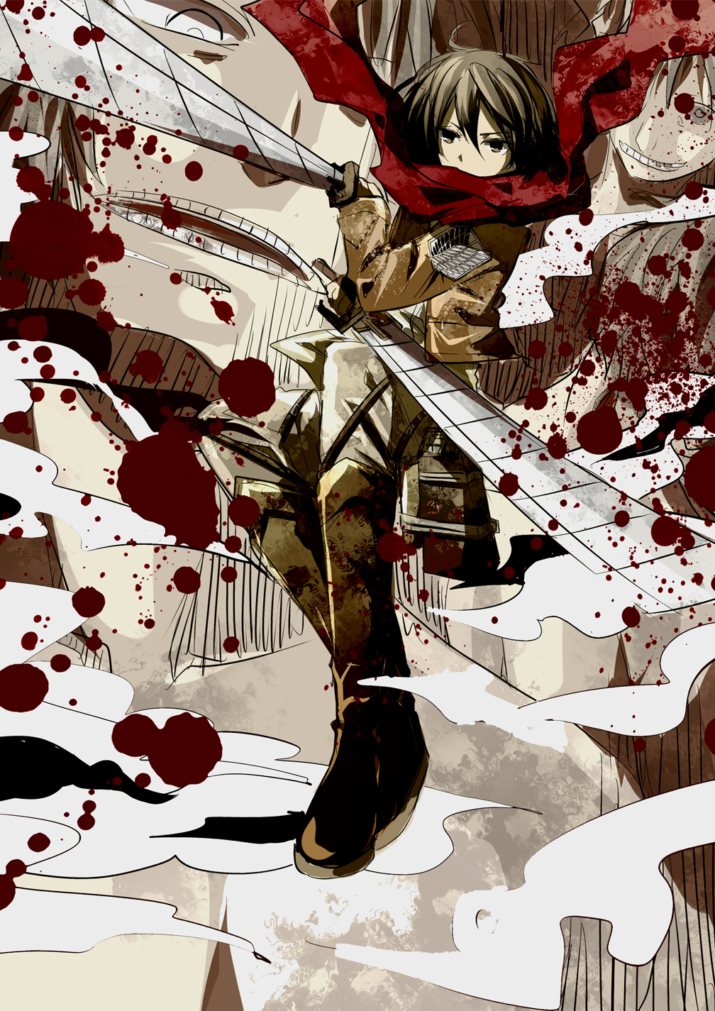 1girl, bad_id, bad_pixiv_id, beartoris, black_eyes, black_hair, boots, dual_wielding, female_focus, highres, holding, jacket, mikasa_ackerman, scarf, shingeki_no_kyojin, short_hair, solo, sword, three-dimensional_maneuver_gear, weapon