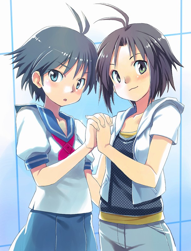 00s, 2girls, ahoge, antenna_hair, bad_id, bad_nicoseiga_id, black_hair, blue_eyes, blue_sailor_collar, blush, brown_eyes, dual_persona, holding_hands, idolmaster, idolmaster_xenoglossia, interlocked_fingers, kikuchi_makoto, kikuchi_makoto_(idolmaster_xenoglossia), looking_at_viewer, multiple_girls, ribbon, sailor_collar, school_uniform, serafuku, shirt, short_hair, shorts, skirt, smile, tatata