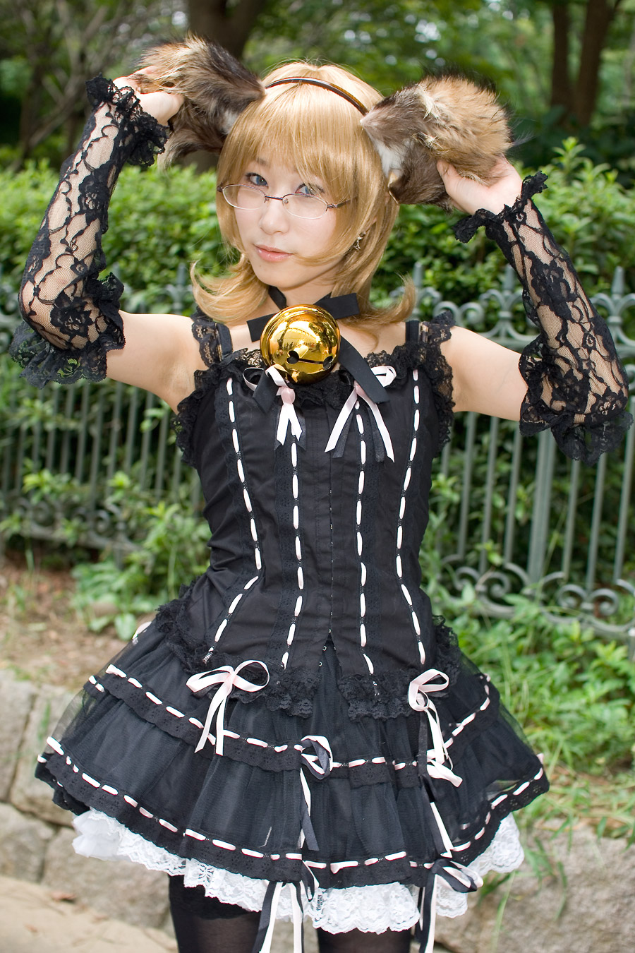 animal_ears, bell, blonde_hair, cosplay, dog_ears, dress, glasses, highres