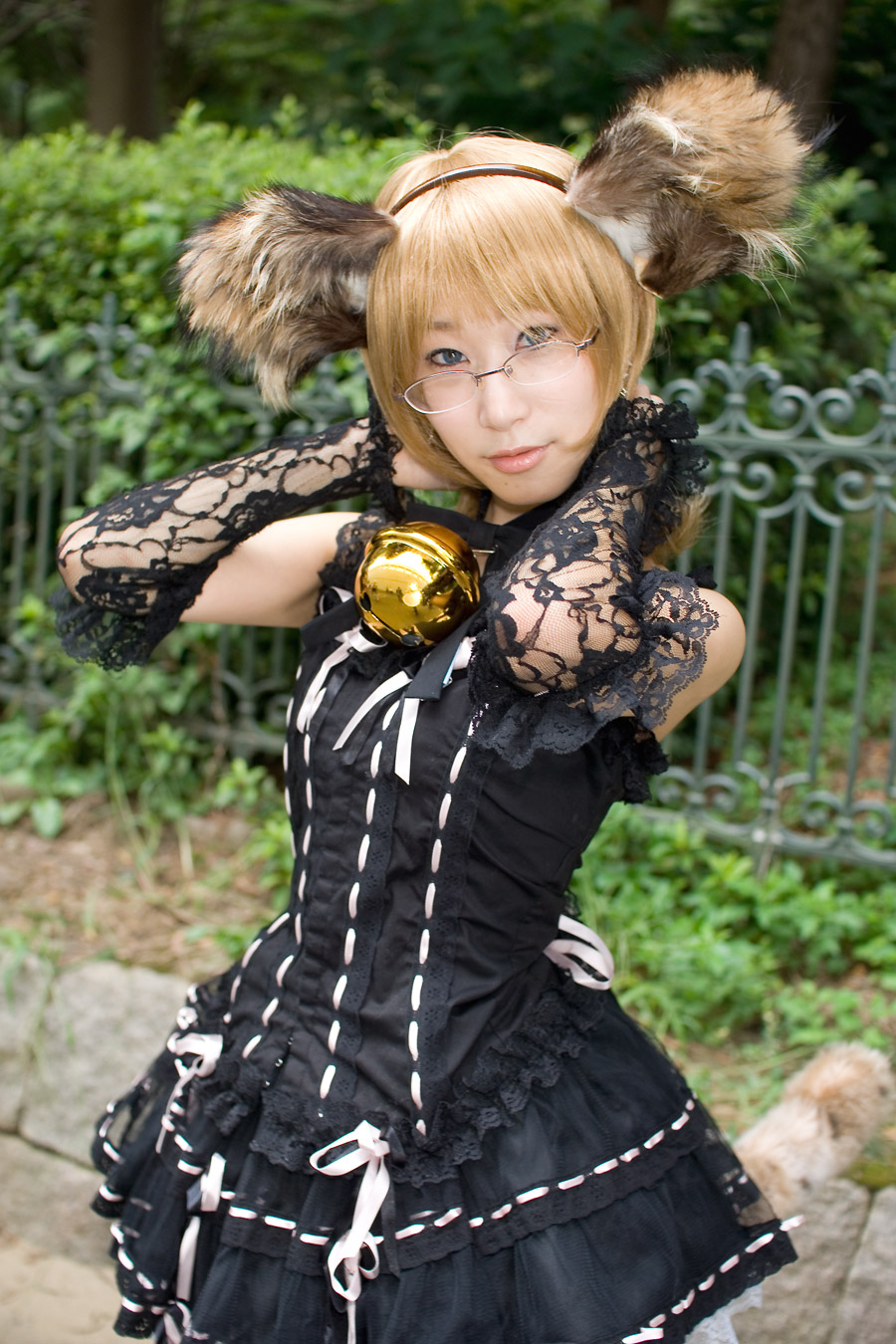 animal_ears, bell, blonde_hair, cosplay, dog_ears, dress, glasses, highres