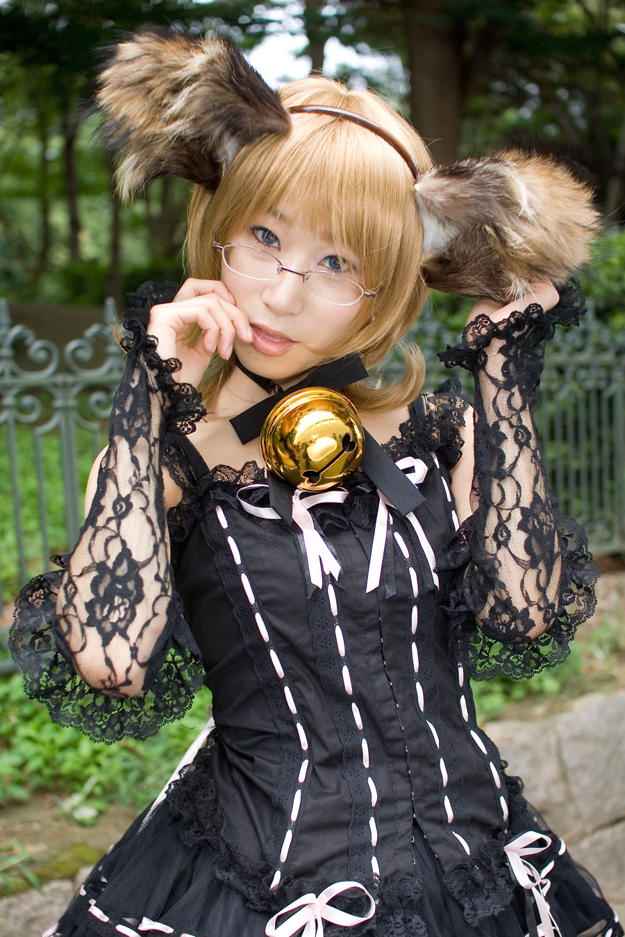 animal_ears, bell, blonde_hair, cosplay, dog_ears, dress, glasses, highres