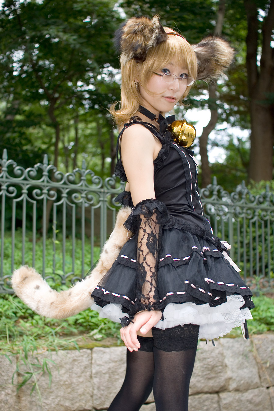 animal_ears, bell, blonde_hair, cosplay, dog_ears, dress, glasses, highres