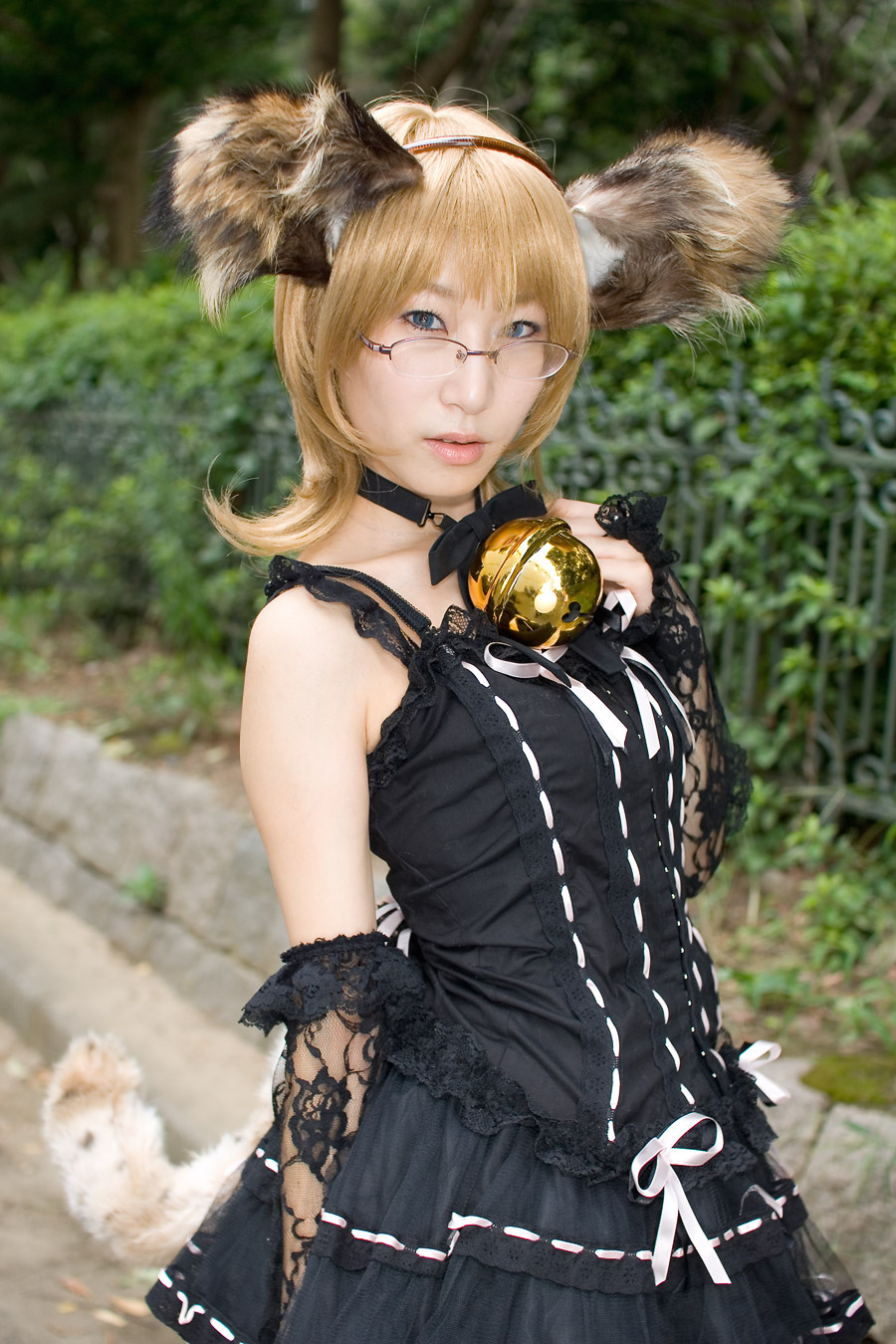 animal_ears, bell, blonde_hair, cosplay, dog_ears, dress, glasses, highres, lace, minazuki_rui, photo_(medium), tail