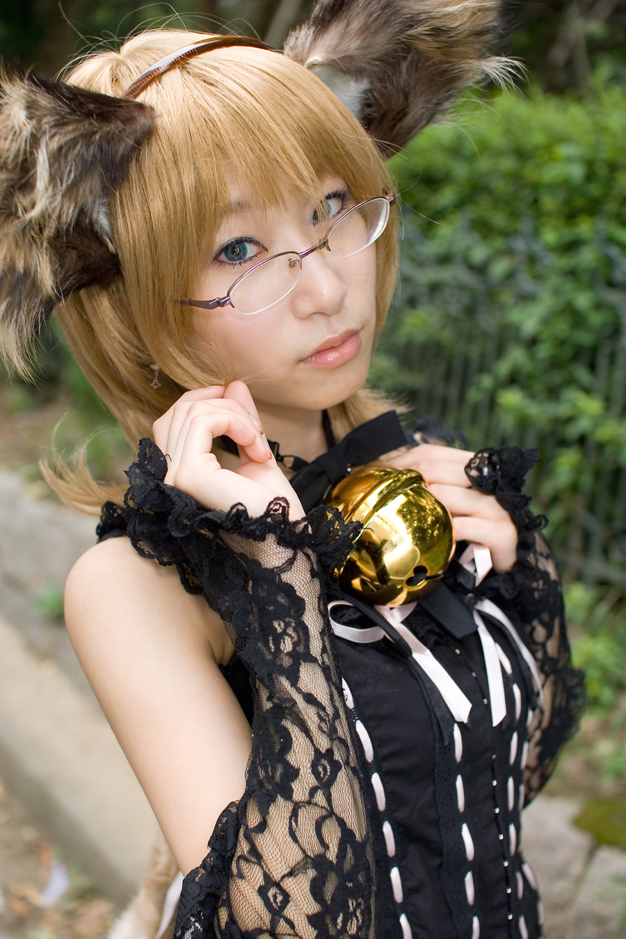 animal_ears, bell, blonde_hair, cosplay, dog_ears, dress, glasses, highres