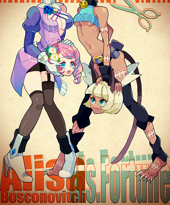 2girls, :3, alisa_boskonovich, android, animal_ears, asymmetrical_legwear, bell, blue_eyes, boots, breasts, cat_ears, cat_tail, character_name, choker, collar, crossover, detached_leggings, disembodied_head, fang, gloves, high_heel_boots, high_heels, midriff, ms._fortune_(skullgirls), multicolored_hair, multiple_girls, neck_bell, pink_hair, power_connection, puteru, scar, scissors, skullgirls, smile, tail, tekken, thighhighs, uneven_legwear, white_hair