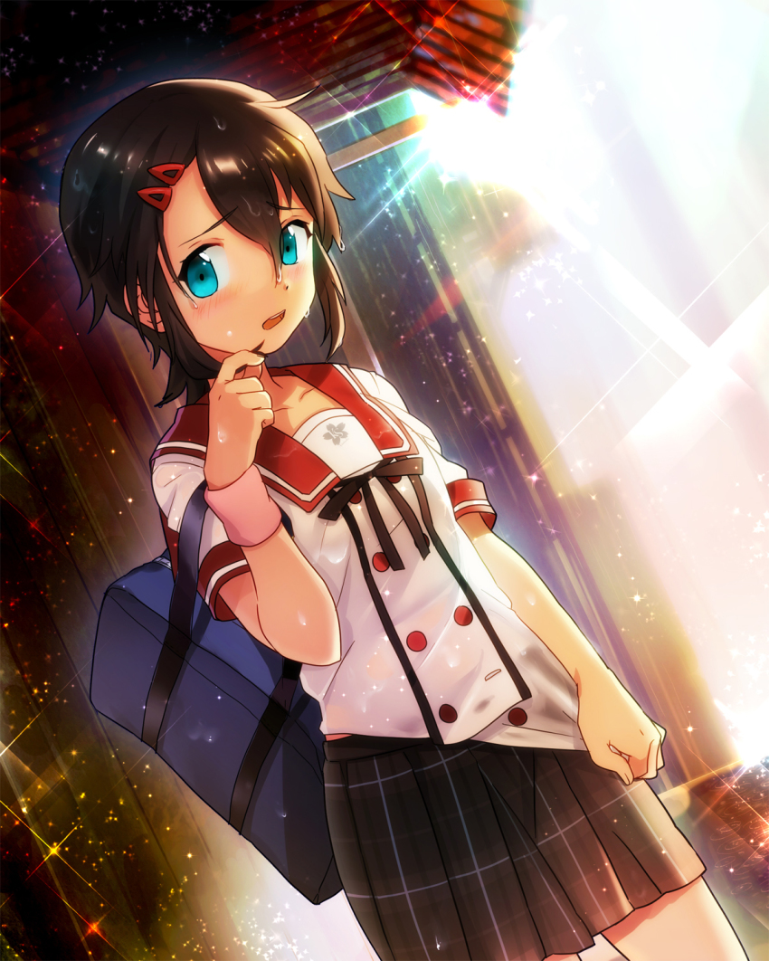1girl, bag, blue_eyes, blush, brown_hair, dutch_angle, ensemble_girls!, female_focus, hair_ornament, hairclip, highres, md5_mismatch, official_art, original, plaid_clothes, plaid_skirt, resolution_mismatch, ruffling_hair, school_bag, school_uniform, shirt_tug, short_hair, skirt, solo, source_smaller, sparkle, sunlight, sweat, takahara_chiaki, wristband