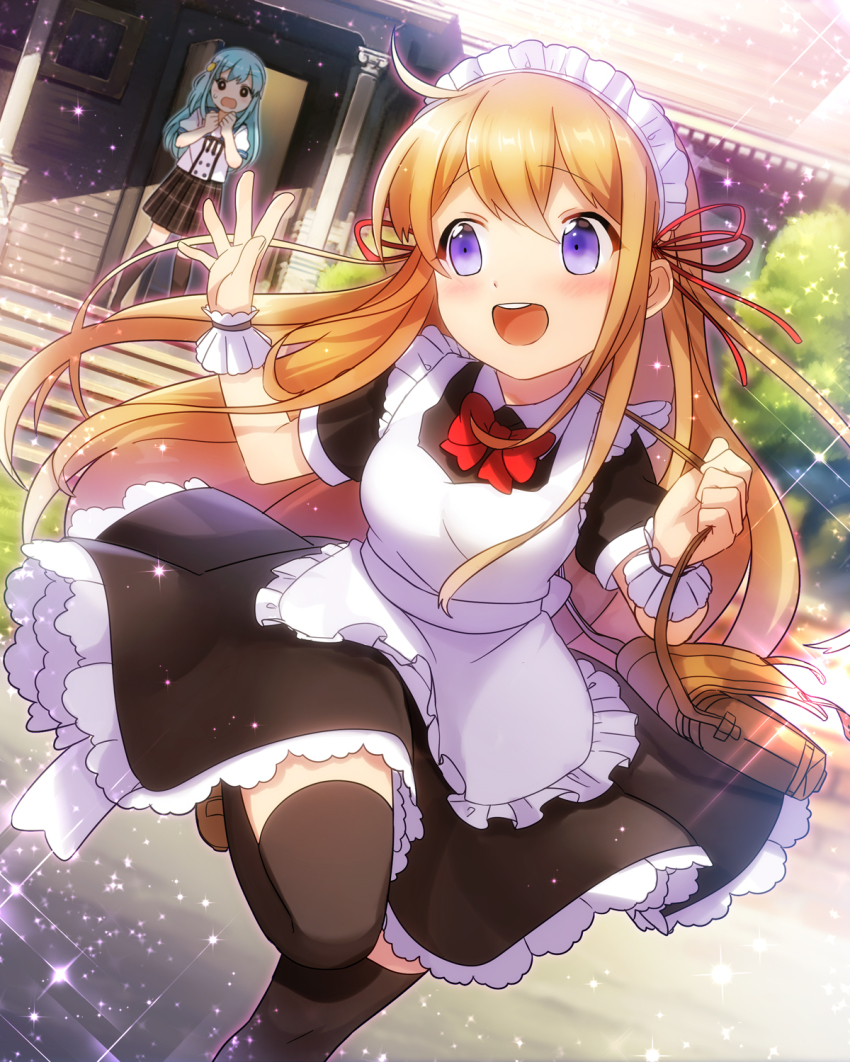 2girls, :d, bag, black_legwear, blonde_hair, blue_eyes, blue_hair, dress, dutch_angle, ensemble_girls!, hair_ornament, hassaku_tsuyuri, highres, hoshiumi_koyoi, long_hair, maid, maid_headdress, md5_mismatch, multiple_girls, official_art, open_mouth, original, plaid_clothes, plaid_skirt, purple_eyes, resolution_mismatch, ribbon, skirt, smile, source_smaller, sparkle, thighhighs, waving