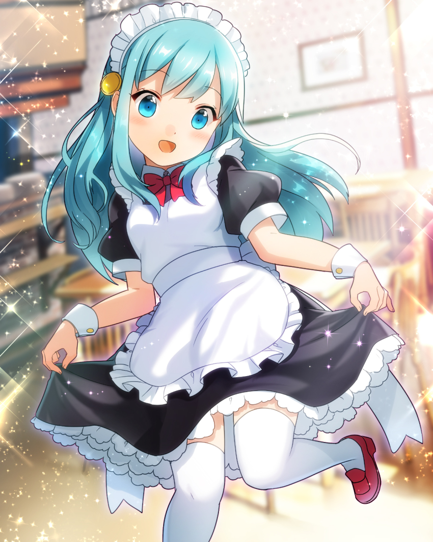 1girl, :d, blue_eyes, blue_hair, classroom, dress, ensemble_girls!, female_focus, hair_ornament, hassaku_tsuyuri, highres, holding_own_dress, long_hair, maid, maid_headdress, matching_hair/eyes, md5_mismatch, official_art, open_mouth, original, resolution_mismatch, ribbon, school, smile, solo, source_smaller, sparkle, standing, standing_on_one_leg, thighhighs, white_thighhighs