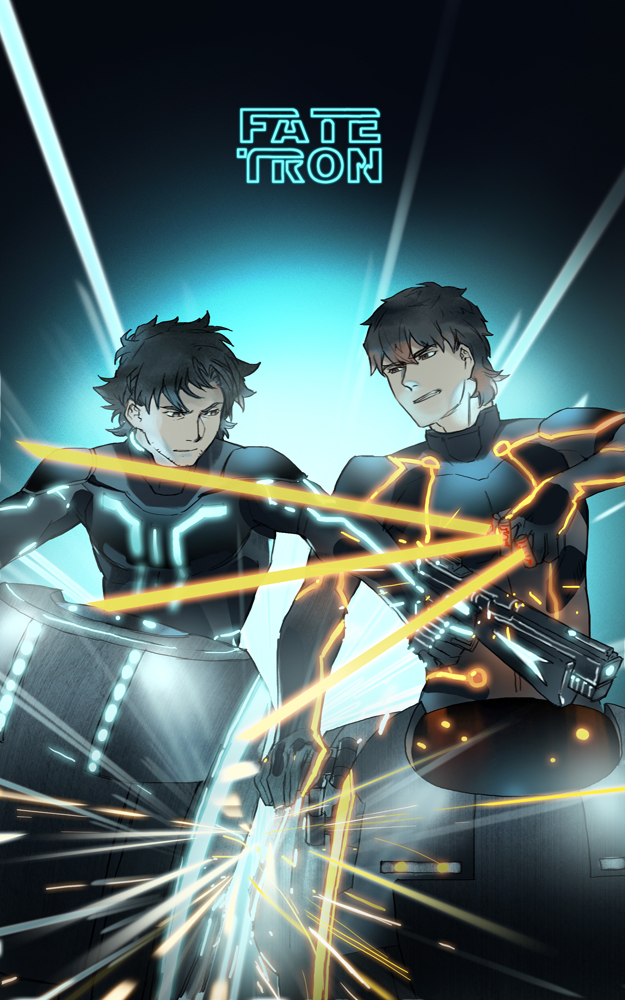111111111_(leiyao), 2boys, black_hair, black_keys_(type-moon), bodysuit, brown_hair, emiya_kiritsugu, fate/zero, fate_(series), glowing, glowing_sword, glowing_weapon, kotomine_kirei, male_focus, motor_vehicle, motorcycle, multiple_boys, neon_trim, parody, tron, vehicle, weapon