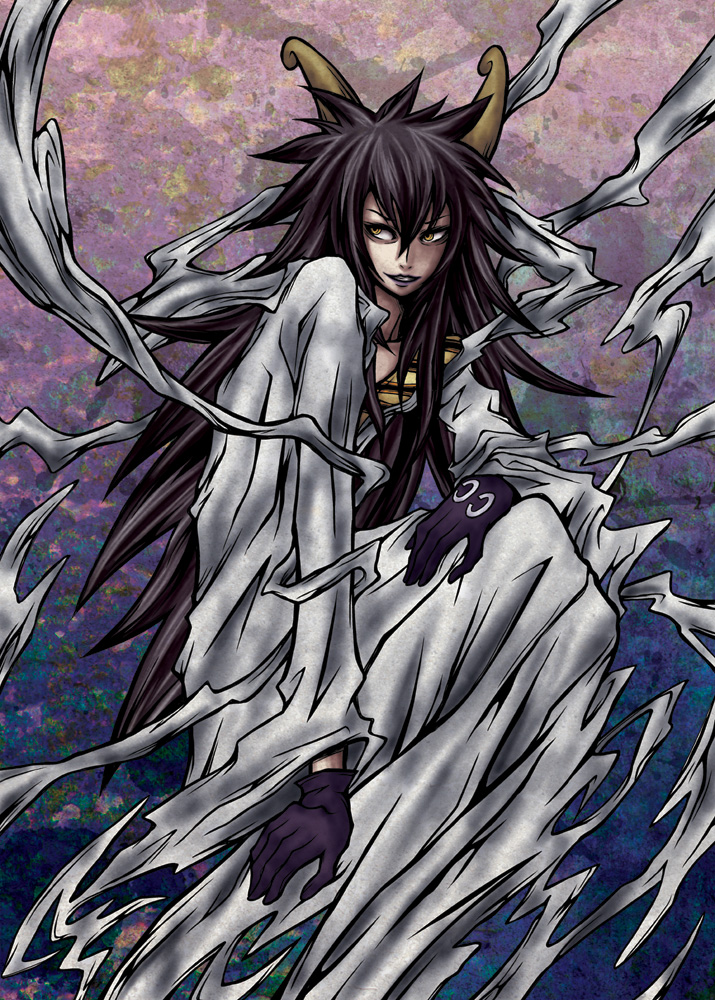 1boy, black_hair, caesar_clown, ebony-thunder, gloves, horns, long_hair, male_focus, monster_boy, one_piece, punk_hazard, solo, very_long_hair, yellow_eyes