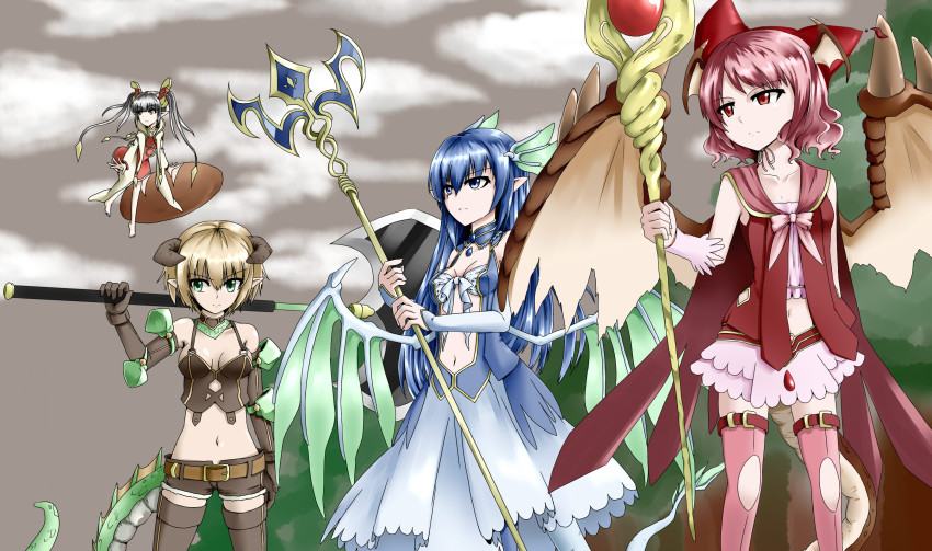4girls, axe, bahamut_(zettai_bouei_leviathan), blue_eyes, blue_hair, blush, bread, breasts
