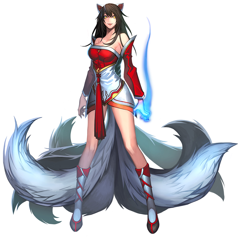 1girl, ahri_(league_of_legends), animal_ears, black_dress, black_hair, dress, facial_mark, female_focus, fox_ears, fox_tail, full_body, korean_clothes, league_of_legends, long_hair, multiple_tails, solo, tail, tyutii, vastaya, very_long_hair, whisker_markings, yellow_eyes