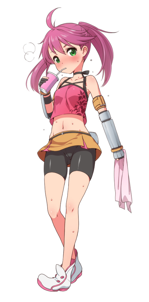 10s, 1girl, ahoge, arm_guards, bike_shorts, blush, drinking, drinking_straw, female_focus, green_eyes, gunslinger_stratos, kanya_pyi, midriff, navel, pink_hair, shinou_matsurika, simple_background, skirt, solo, sweat, towel, twintails, white_background