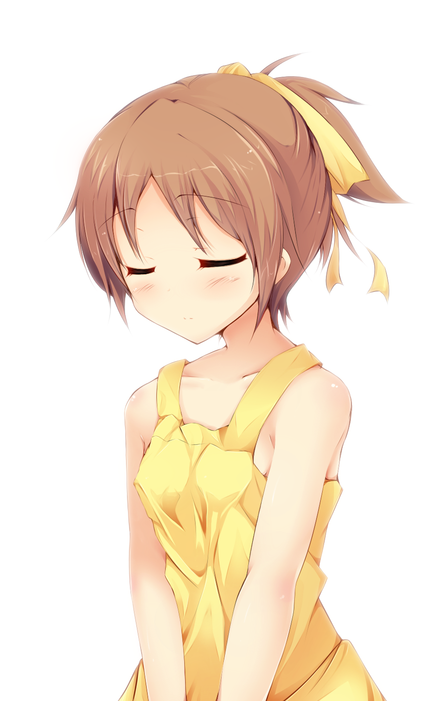 1girl, bad_perspective, bare_shoulders, blush, brown_hair, closed_eyes, dress, female_focus