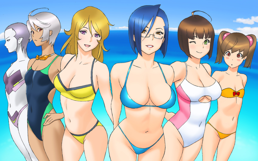 10s, 6+girls, ahoge, alien, arms_behind_back, bandeau, bandeau_bikini, bikini, blonde_hair, blue_hair, blush, breast_envy, breasts, brown_hair, cleavage, cleavage_cutout, clothing_cutout, cloud, collarbone, colored_skin, covered_navel, dark-skinned_female, dark_skin, day, everyone, fisheye, flat_chest, gamilas, glasses, goggles, goggles_around_neck, green_eyes, grey_skin, grin, hand_on_own_hip, harada_makoto, jirel, knight4princess, large_breasts, lipstick, long_hair, makeup, miezela_celestella, misaki_yuria, mori_yuki, multiple_girls, navel, niimi_kaoru, ocean, one-piece_swimsuit, one_eye_closed, pointy_ears, purple_eyes, purple_hair, red_eyes, short_hair, sky, small_breasts, smile, strapless, swimsuit, temaeya_utsurou, tube_top, twintails, uchuu_senkan_yamato, uchuu_senkan_yamato_2199, underboob, white_hair, wink, yamamoto_akira
