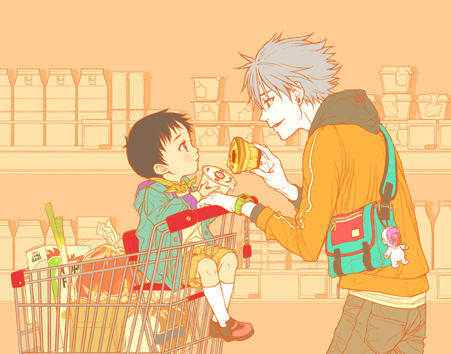 2boys, age_difference, aged_down, bag, brown_hair, casual, child, flat_color