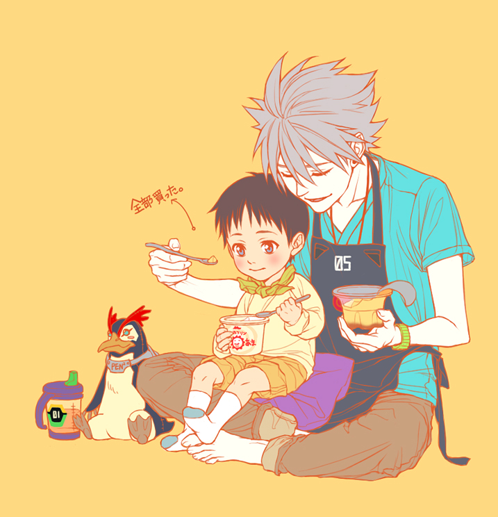 2boys, age_difference, aged_down, apron, brown_hair, child, feeding, flat_color