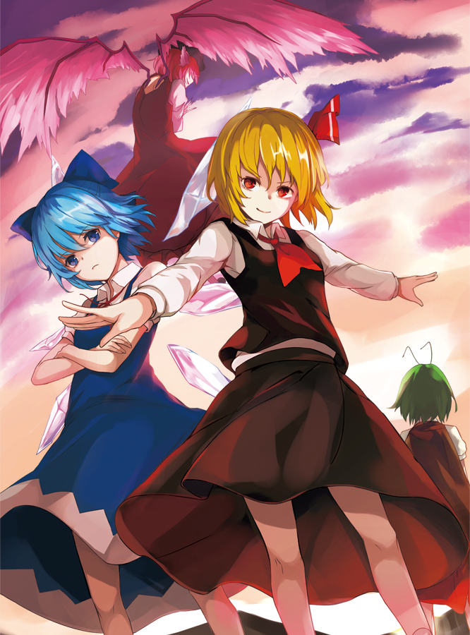 4girls, animal_ears, antennae, benetto_(benet), blonde_hair, blue_eyes, blue_hair, bow