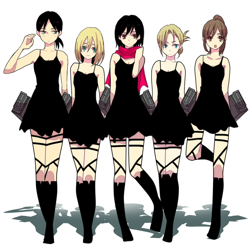 5girls, alternate_costume, annie_leonhart, bad_id, bad_pixiv_id, black_dress, boots, dress, formal_clothes, freckles, full_body, krista_lenz, mikasa_ackerman, multiple_girls, no_nose, sasha_blouse, sawasawars, scarf, shadow, shingeki_no_kyojin, short_dress, short_hair, standing, standing_on_one_leg, three-dimensional_maneuver_gear, white_background, ymir_(shingeki_no_kyojin)