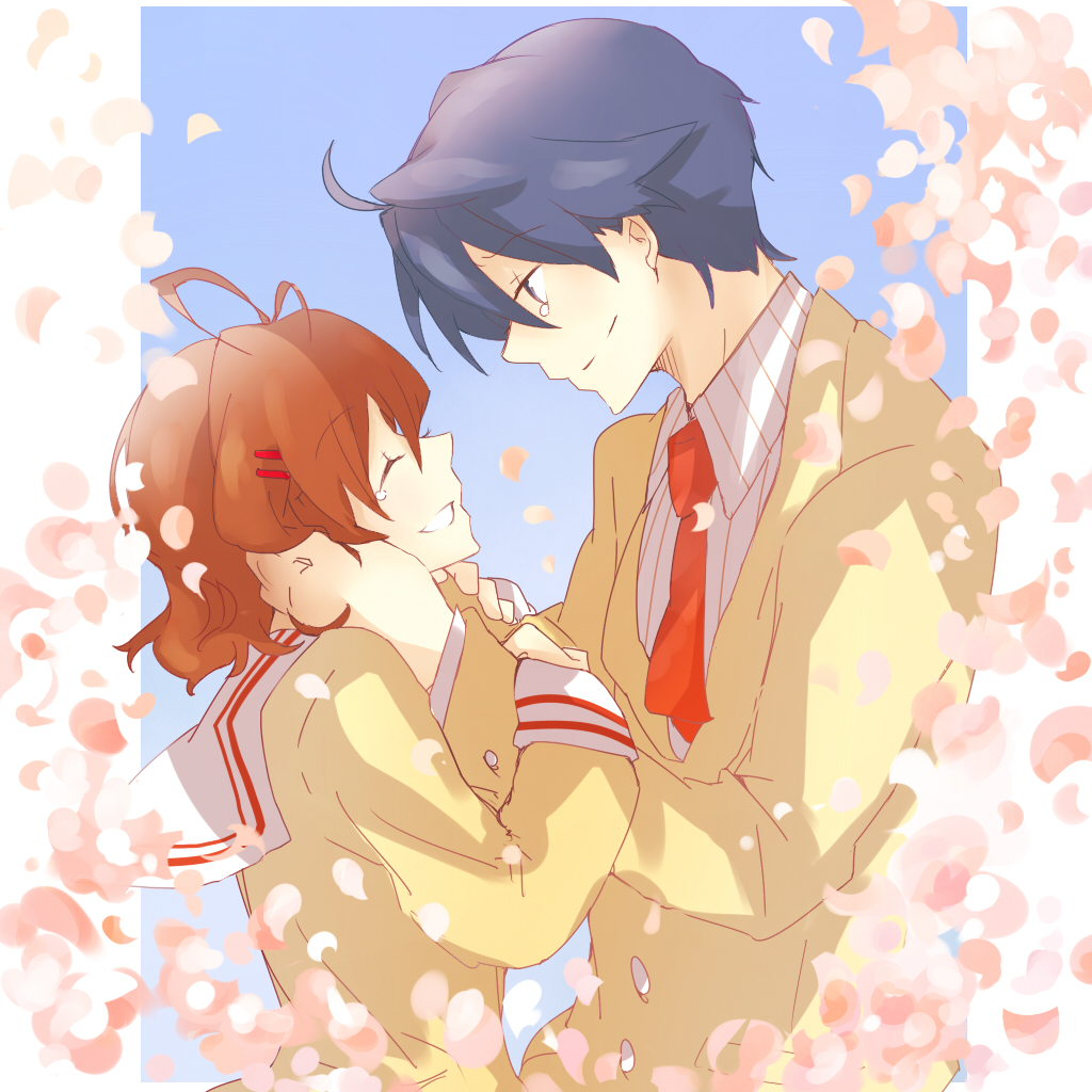 00s, 1boy, 1girl, aine_(haibane), blue_eyes, blue_hair, brown_hair, clannad