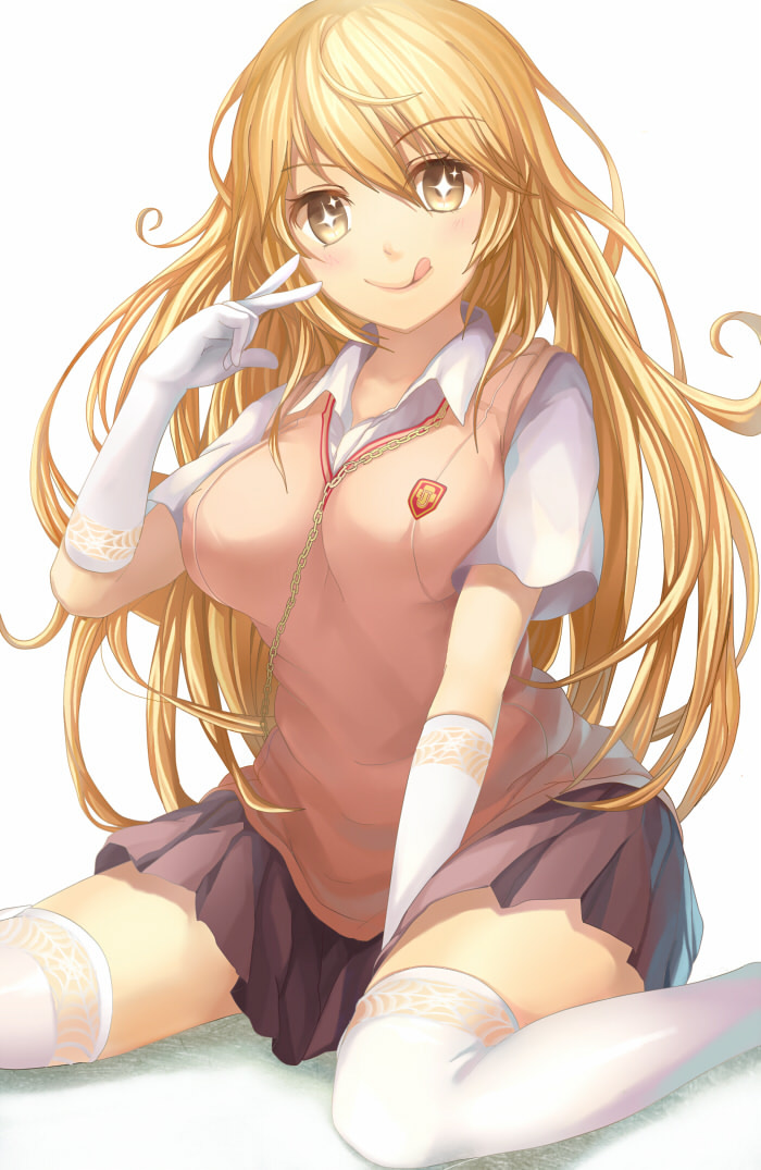 +_+, 1girl, :q, bad_id, bad_pixiv_id, blonde_hair, blush, breasts