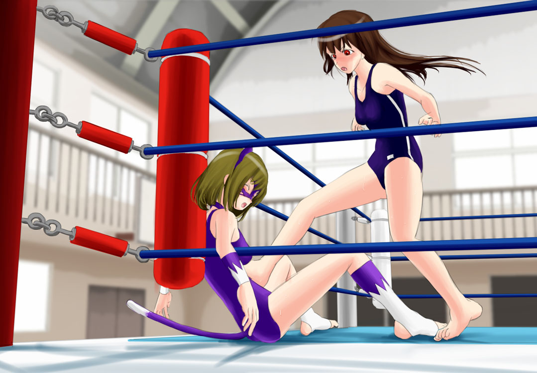 13, 2girls, animal_ears, ayano_(#13), barefoot, blush, cat_ears, feet, kicking, multiple_girls, spread_legs, sumire_(#13), swimsuit, toeless_legwear, toes, wrestling, wrestling_ring