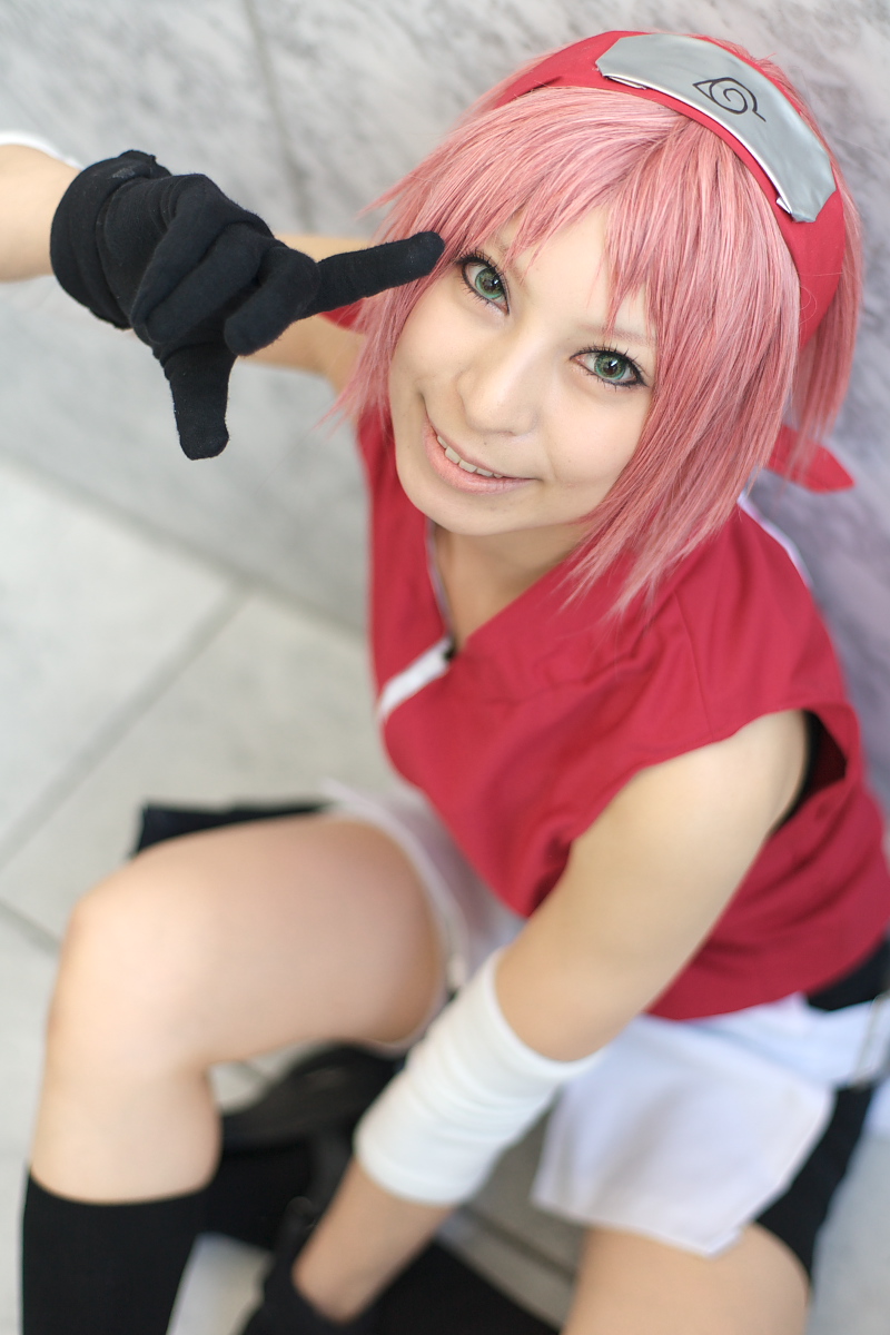 1girl, ari, arm_warmers, bare_shoulders, black_gloves, black_legwear, blurry, cosplay