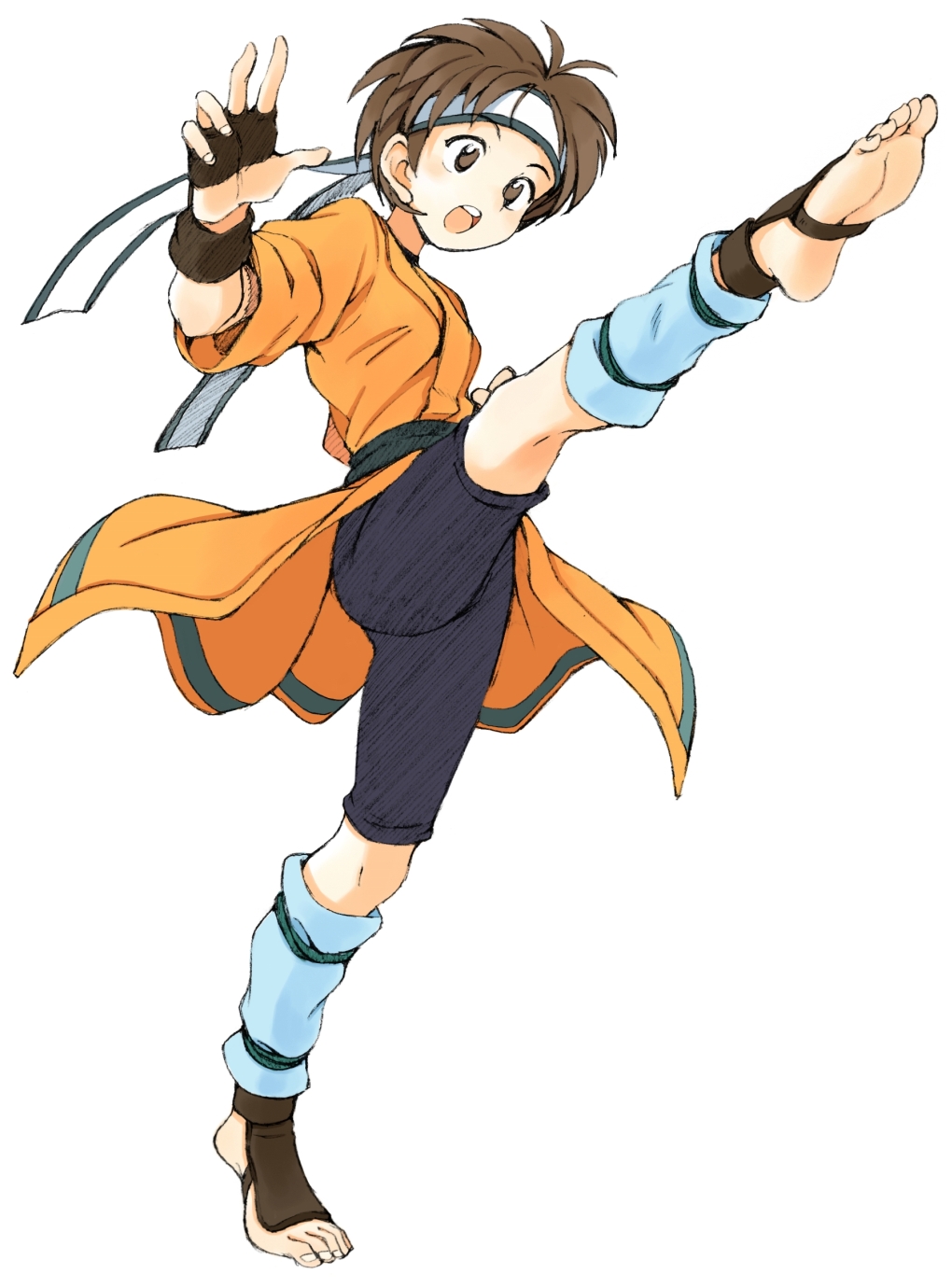 1girl, barefoot, brown_eyes, brown_hair, feet, female_focus, fingerless_gloves, full_body, gensou_suikoden, gensou_suikoden_ii, gloves, headband, high_kick, highres, kicking, leg_up, open_mouth, oyatsu_(mk2), plantar_flexion, short_hair, shorts, simple_background, soles, solo, toeless_legwear, toes, wakaba_(suikoden), white_background
