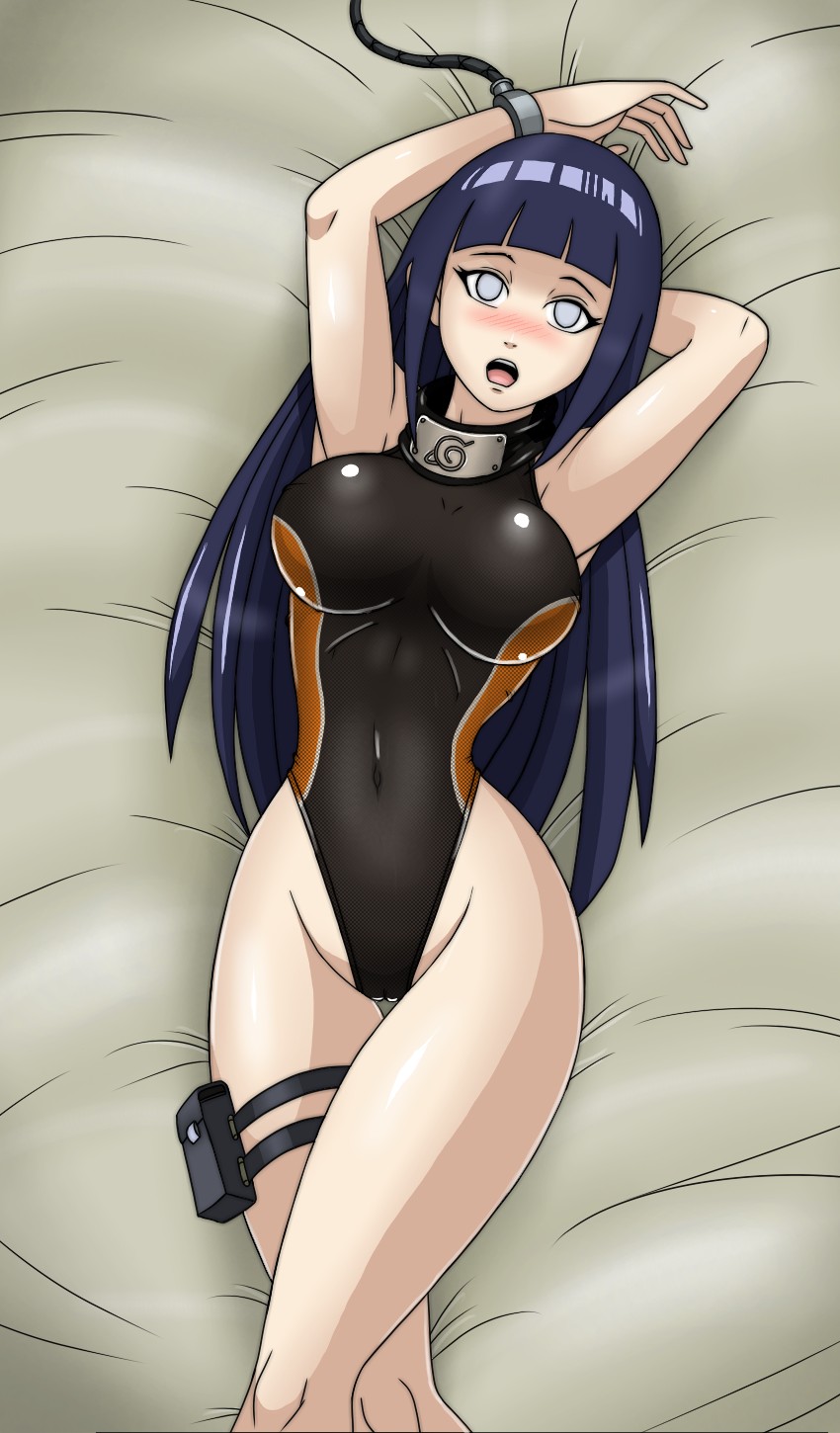 1girl, blue_hair, blush, breasts, cameltoe, competition_swimsuit, covered_navel, deadmoon_(kein2002), female_focus, highres, hyuuga_hinata, large_breasts, long_hair, lying, naruto_(classic), naruto_(series), on_back, one-piece_swimsuit, open_mouth, solo, swimsuit, white_eyes