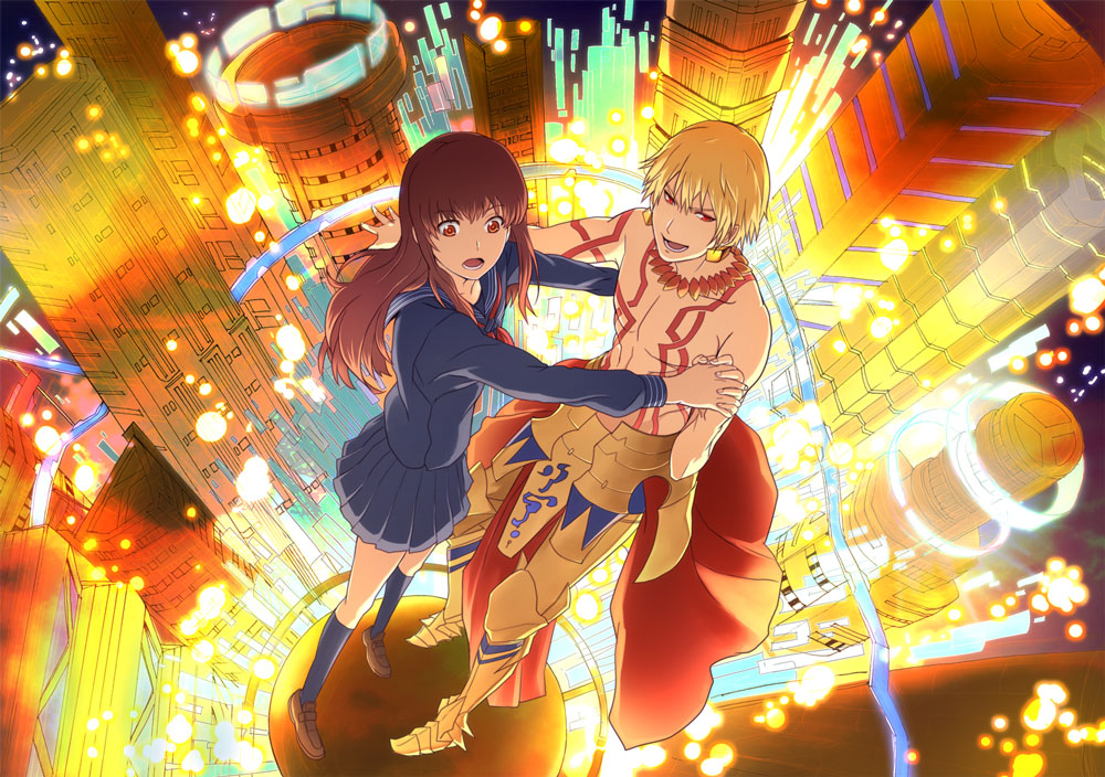 10s, 1girl, armor, blonde_hair, brown_eyes, brown_hair, earrings, fate/extra