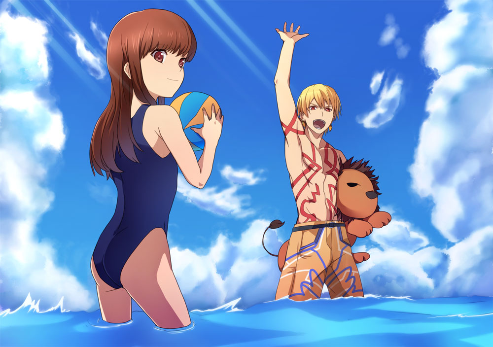 10s, 1boy, 1girl, ball, beachball, blonde_hair, blue_one-piece_swimsuit, blue_theme