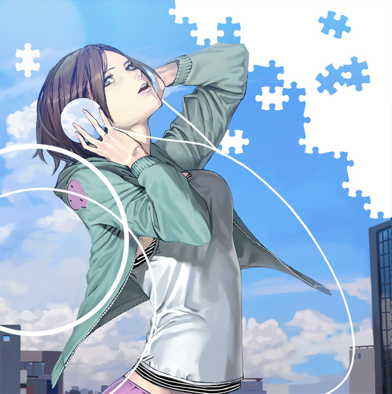 1girl, brown_eyes, brown_hair, cityscape, cloud, day, female_focus, headphones
