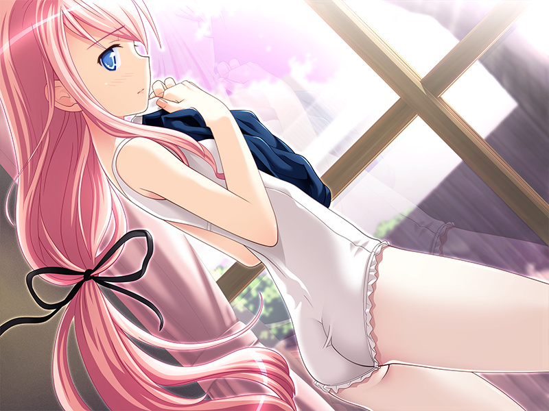 1girl, ass, bare_shoulders, blue_eyes, blush, curtains, dressing, female_focus, flat_chest, game_cg, legs, leotard, lingerie, long_hair, looking_at_viewer, pink_hair, sakura_nanako, sakura_sakura_festival!, solo, standing, thighs, underwear, very_long_hair, window