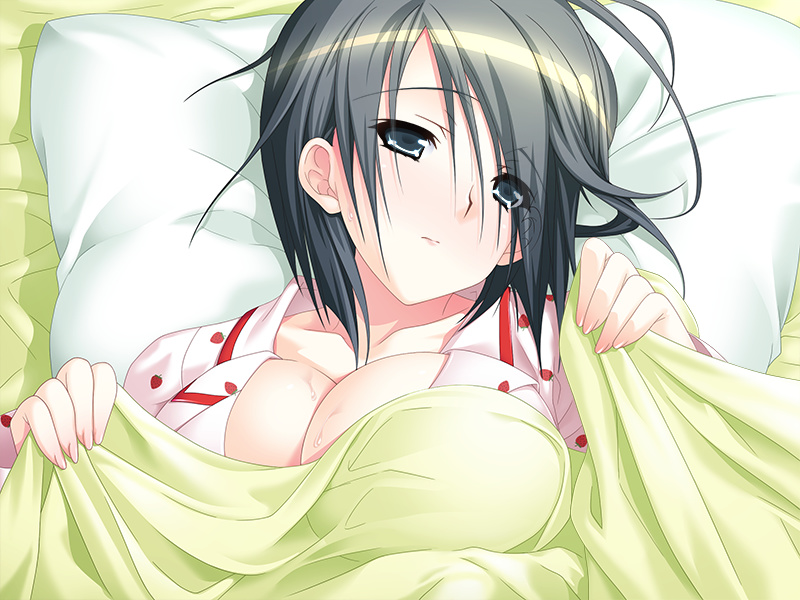 1girl, bed, bed_sheet, black_eyes, black_hair, breasts, cleavage, female_focus