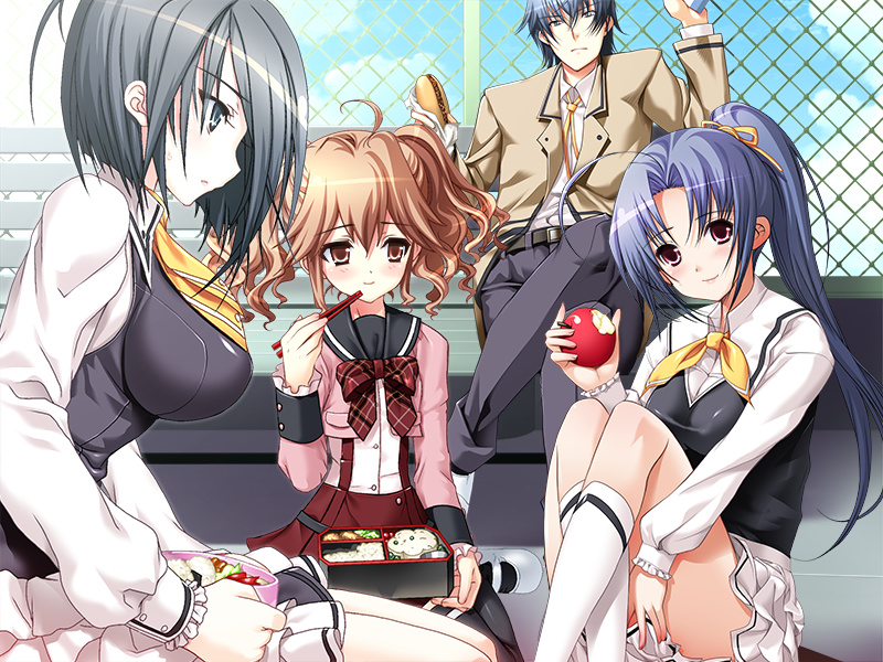 3girls, apple, black_eyes, black_hair, blue_hair, blush, breasts, chopsticks