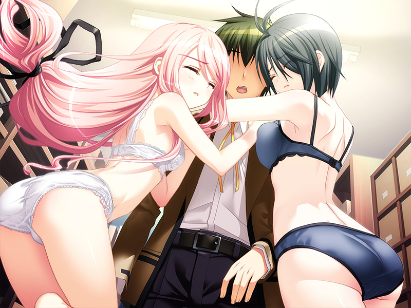 1boy, 2girls, ass, back, bare_shoulders, belt, black_hair, blue_bra