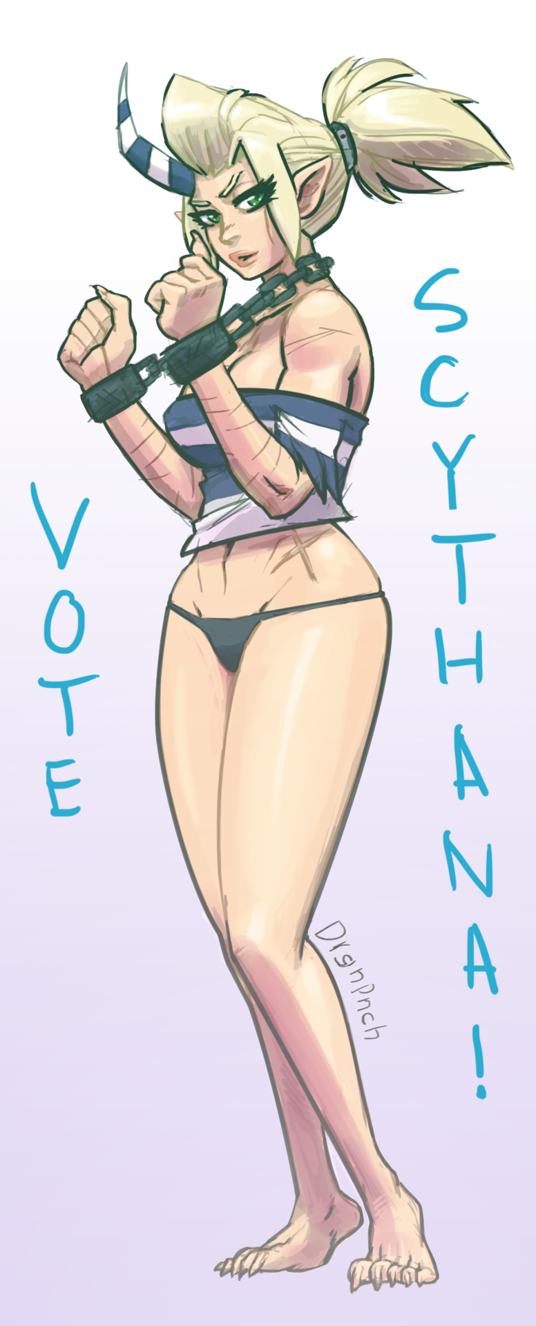 1girl, bare_shoulders, barefoot, blue_panties, breasts, chain, cuffs, diepod, eyelashes, female_focus, full_body, giant, giantess, green_eyes, highres, horns, large_breasts, lips, long_hair, midriff, navel, no_pants, off-shoulder_shirt, off_shoulder, panties, pointy_ears, ponytail, prison_clothes, reverge_labsh, scar, scythana, scythana_(skullgirls), shackles, sharp_toenails, shirt, single_horn, skullgirls, solo, standing, striped, toenails, underwear