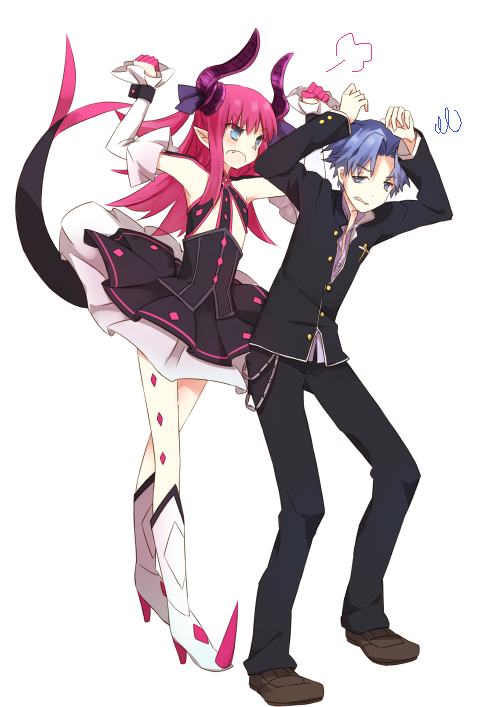 10s, 1boy, 1girl, blue_eyes, blue_hair, claws, dress, elizabeth_bathory_(fate), elizabeth_bathory_(fate/extra), elizabeth_bathory_(first_ascension)_(fate), fate/extra, fate/extra_ccc, fate_(series), gakuran, horns, long_hair, matou_shinji, mondo_pop, pink_hair, pointy_ears, purple_hair, school_uniform, squiggle, tail, tsukumihara_academy_uniform_(fate/extra_ccc), two_side_up