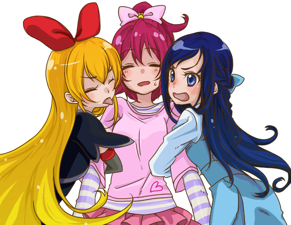 3girls, :p, aida_mana, arm_hug, blonde_hair, blouse, blue_eyes, blue_hair