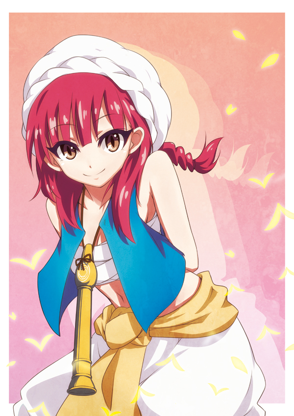 1girl, aladdin_(magi), aladdin_(magi)_(cosplay), arabian_clothes, arms_behind_back, baggy_pants, bandages, braid, chest_sarashi, cosplay, female_focus, flute, gradient_background, instrument, jewelry, looking_at_viewer, magi_the_labyrinth_of_magic, midriff, morgiana, navel, necklace, pants, pendant, red_hair, sarashi, sash, single_braid, smile, solo, turban, umino_mokuzu_(shizumisou), vest, zoom_layer
