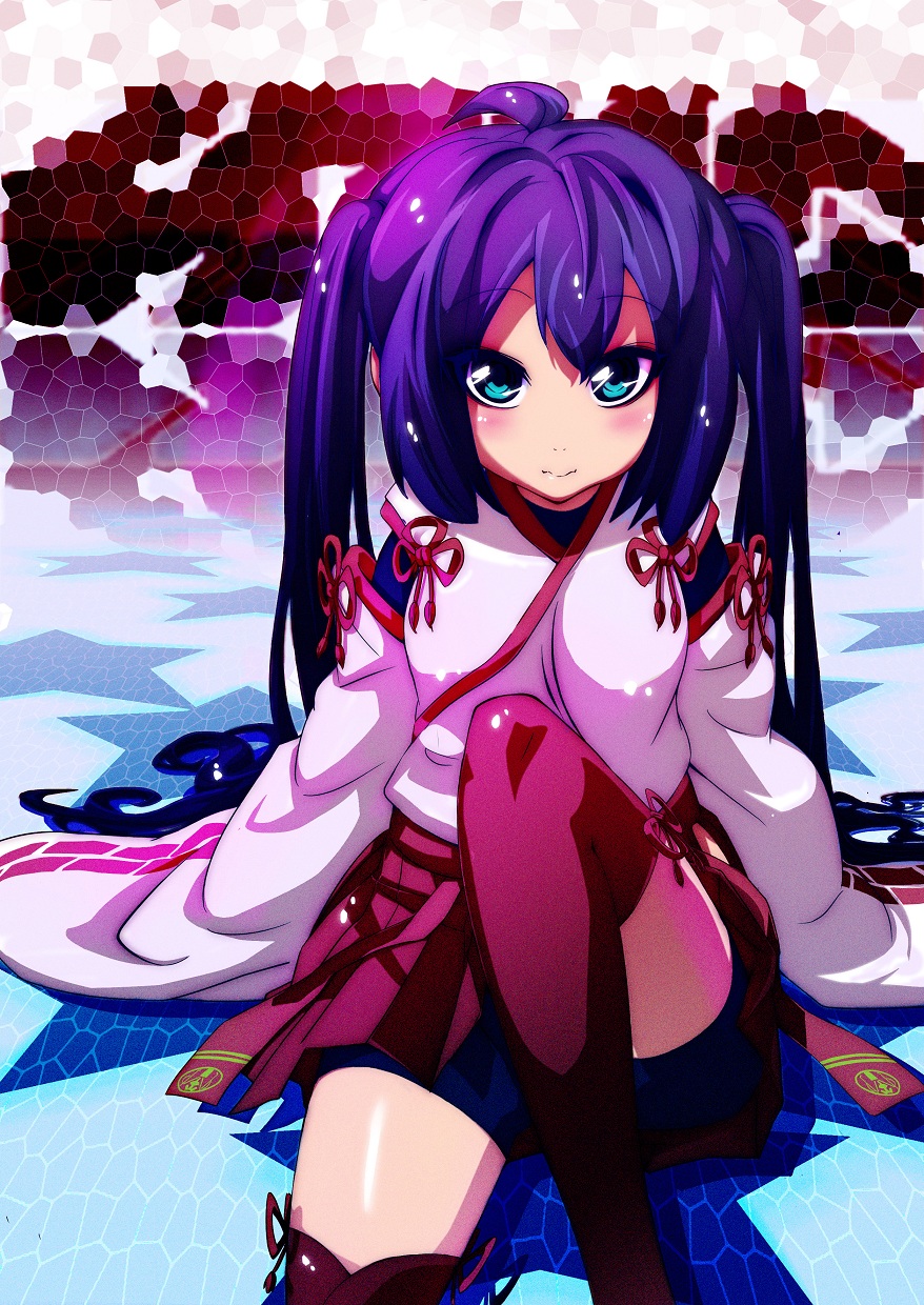 1girl, bike_shorts, blue_eyes, blush, female_focus, highres, japanese_clothes, kanagi_maihime