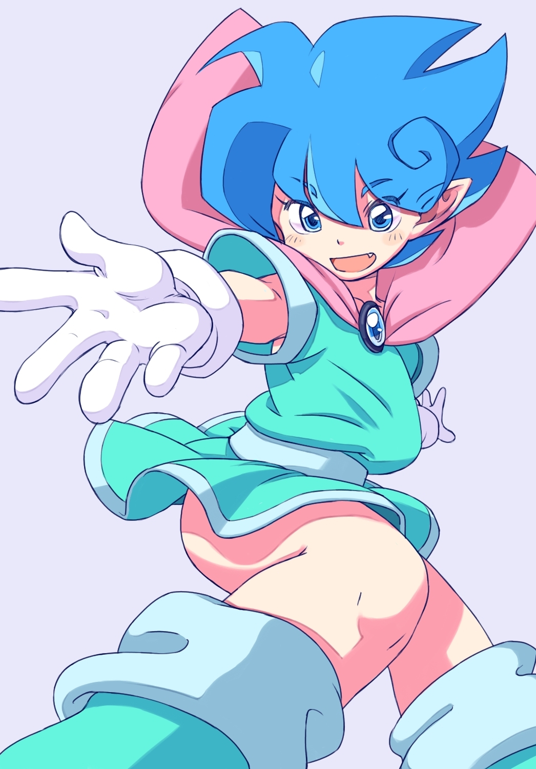 1girl, aqua_boots, blue_eyes, blue_hair, blush, boots, female_focus, gloves, grey_background, highres, matching_hair/eyes, no_panties, oyatsu_(mk2), panel_de_pon, pointy_ears, sherbet, sherbet_(panel_de_pon), short_hair, simple_background, smile, solo, spiked_hair