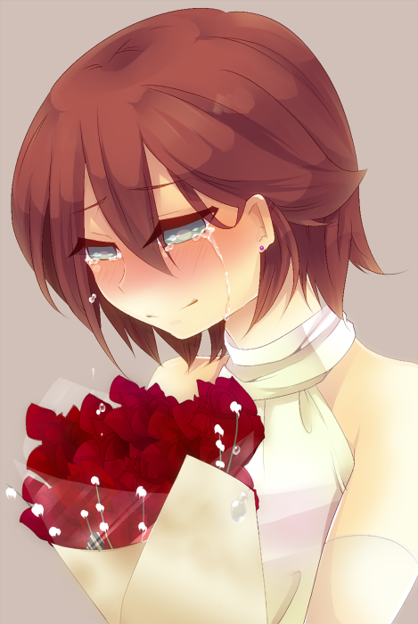 1boy, bad_id, bad_pixiv_id, bare_shoulders, blush, bouquet, closed_mouth, crossdressing, crossdressing_(mtf), crying, crying_with_eyes_open, elbow_gloves, flower, gloves, halterneck, inazuma_eleven, inazuma_eleven_(series), kiyama_hiroto, male_focus, red_flower, red_hair, red_rose, rose, sakurapain6918, short_hair, simple_background, smile, solo, tears, tsurime, upper_body
