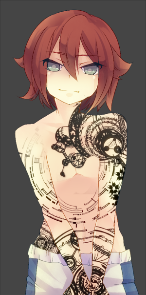 1boy, bad_id, bad_pixiv_id, closed_mouth, cowboy_shot, hair_between_eyes, inazuma_eleven, inazuma_eleven_(series), kiyama_hiroto, looking_at_viewer, male_focus, red_hair, sakurapain6918, shaded_face, short_hair, simple_background, smirk, solo, standing, topless_male, tsurime, unmoving_pattern, v_arms